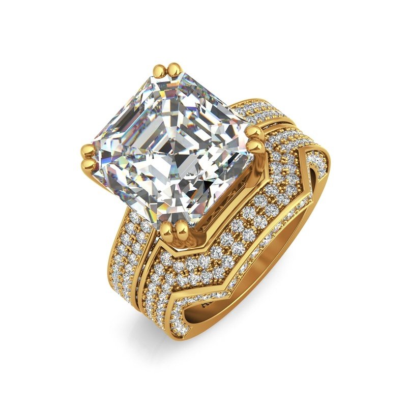 A luxurious Magna 9kt gold bridal set featuring a large square-cut diamond surrounded by smaller diamonds set in a double band design.