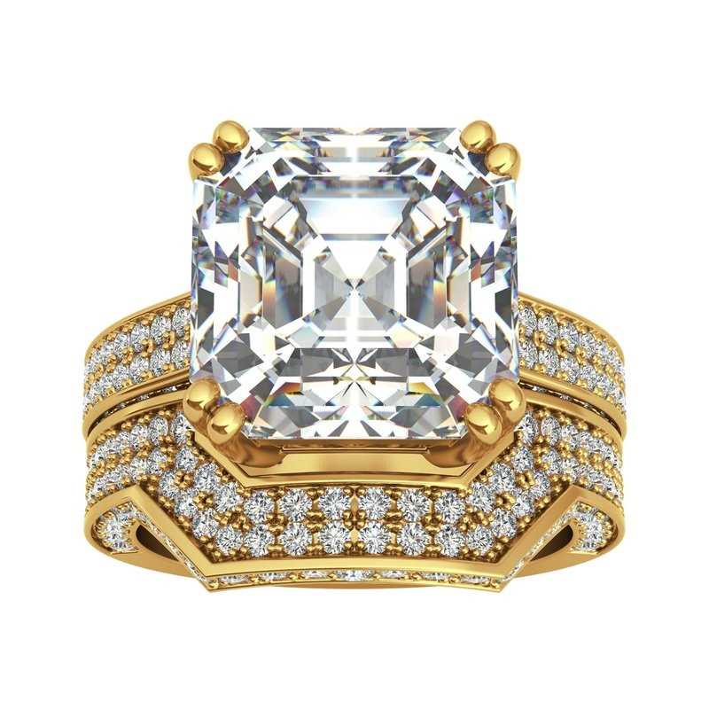 Magna 9kt gold bridal set engagement ring featuring a large central square-cut diamond flanked by multiple smaller diamonds on its bands, isolated on a white background.