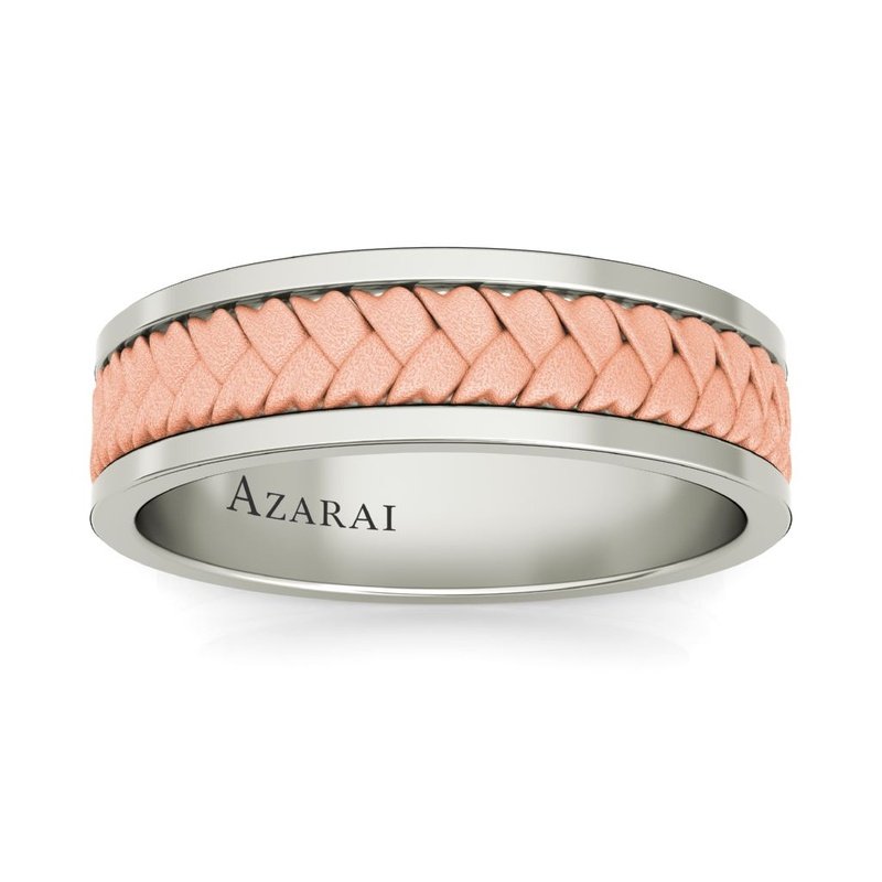 The Montclair 14kt gold wedding band features a stunning braided pattern in 14kt rose and white gold.
