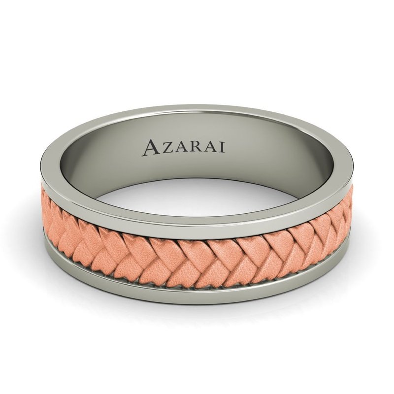 A Montclair 14kt gold wedding band with a braided pattern in 14kt rose gold and silver.