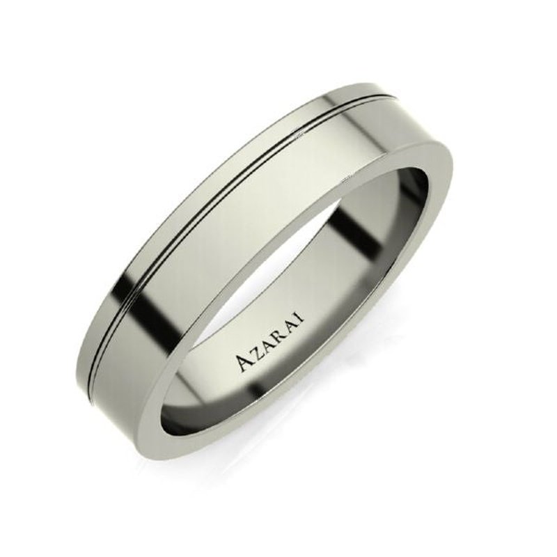Nova titanium wedding band ON CLEARANCE with personalized engraving on a white background, final sale.