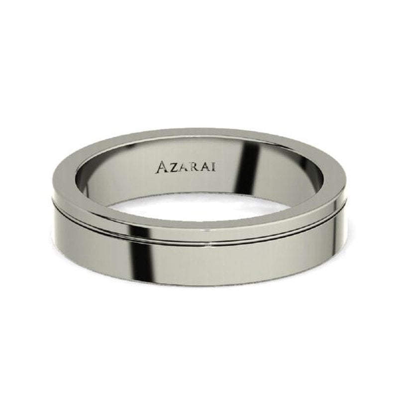 Silver Nova titanium wedding band ON CLEARANCE with engraved name "azrai" on the interior surface.