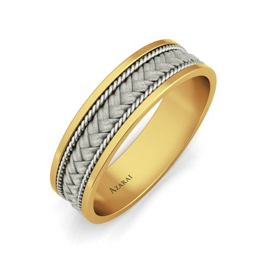 Patagonia 9kt gold wedding band featuring a braided silver texture on the top half and a smooth, polished inner band, engraved with the name "Azar." This men's wedding band elegantly combines