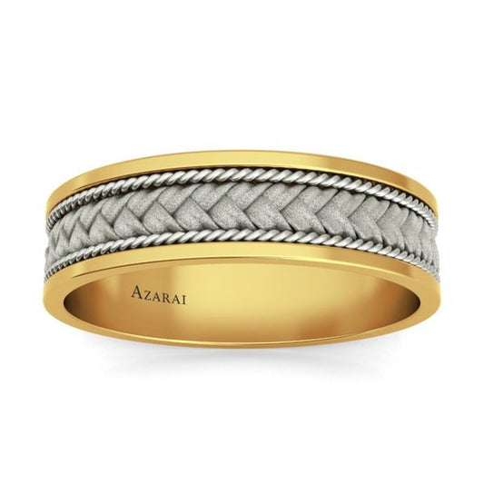 Patagonia 9kt gold wedding band with a braided center design and engraved brand name "azarai" on the inside.