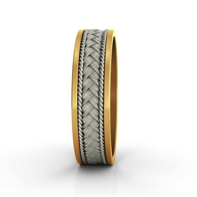 A Patagonia 14kt gold men's wedding band with a braided pattern.