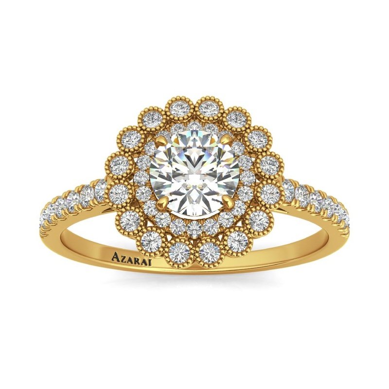 The Portia 14kt gold engagement ring showcases a stunning diamond halo, epitomizing elegance and timeless beauty.