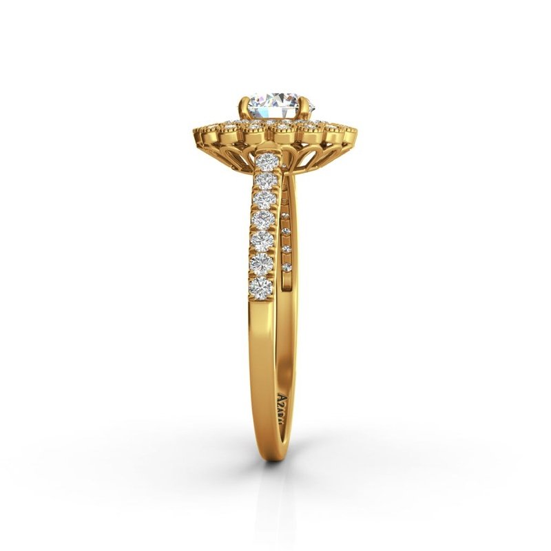 The Portia 14kt gold engagement ring showcases a stunning halo in 14kt yellow gold, adorned with glittering diamonds.