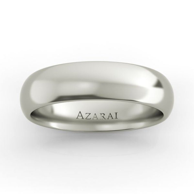 A Solis 18kt gold wedding band 5mm with the word "azarai" engraved on the inner surface and a Solis logo, isolated on a white background.