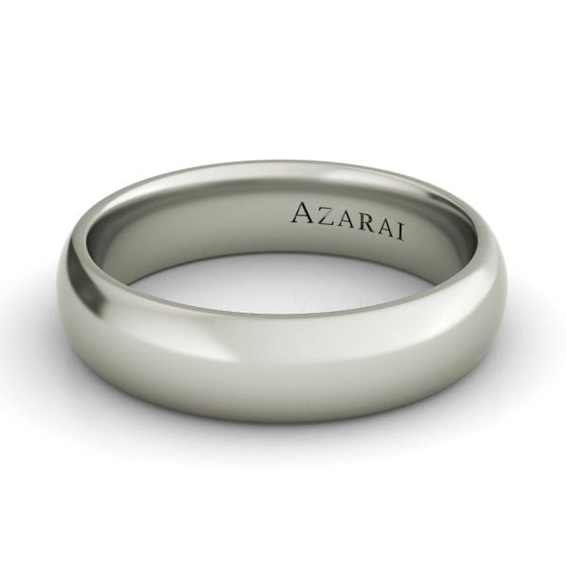 Solis 14kt gold wedding band ring with engraved name 'Azarai' on the inner surface.