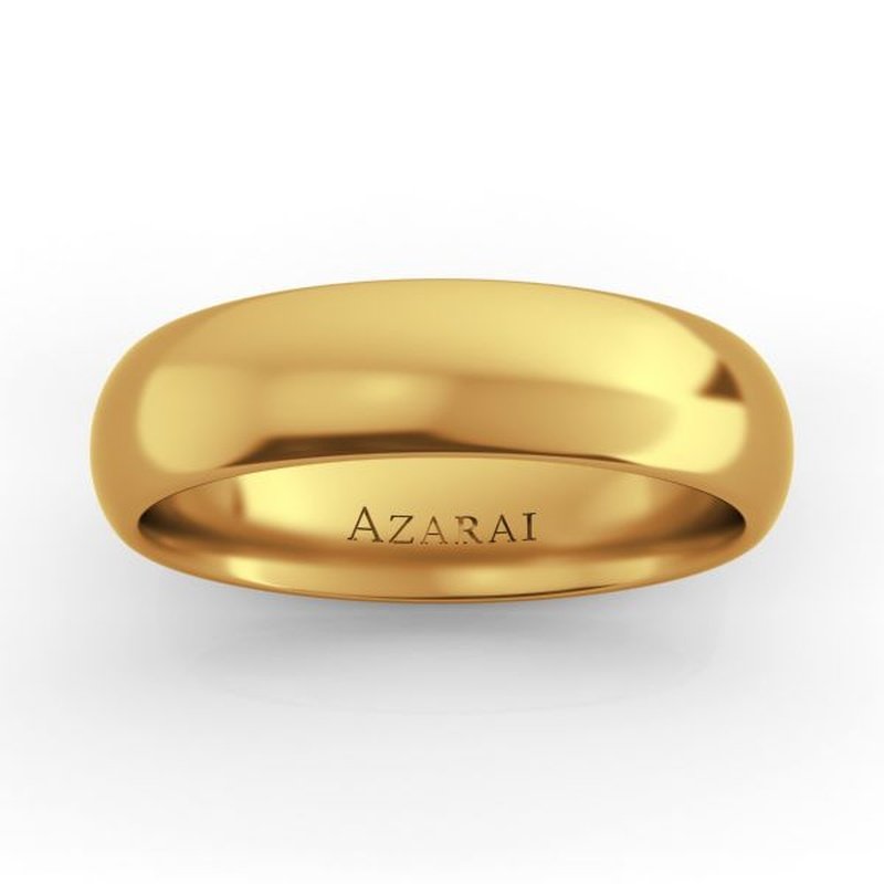 Solis 14kt gold wedding band 5mm with engraved name "azarai" on a white background.
