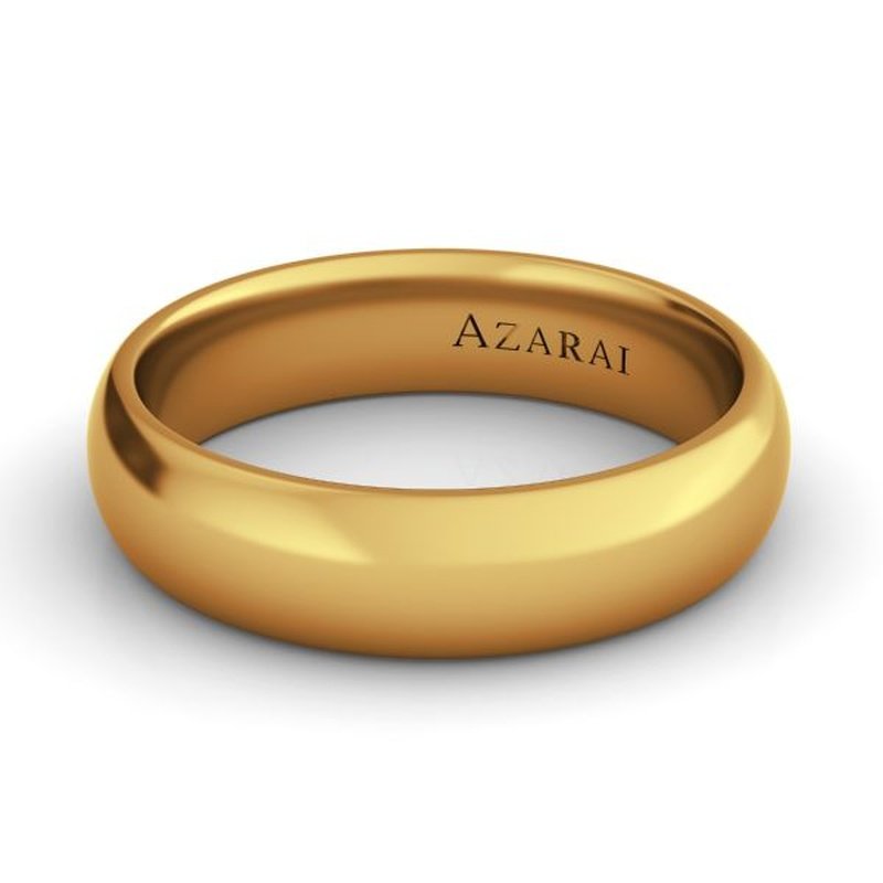 Solis 14kt gold wedding band 5mm with personalized engraving "azarai" on the outer surface.