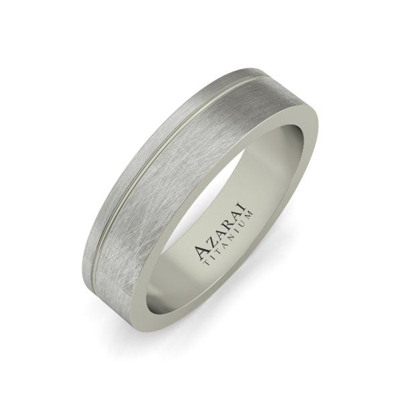A Stratus titanium wedding band ON CLEARANCE with a brushed finish and engraved brand name on the interior, FINAL SALE.