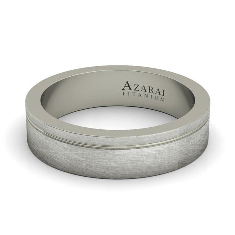 Stratus titanium wedding band ON CLEARANCE with engraved brand name, final sale.