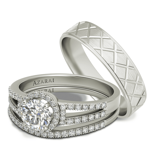 Two Tempest and Mitchell sterling silver trio wedding rings with diamonds, one featuring a round-cut central stone and intricate band design, against a white background.