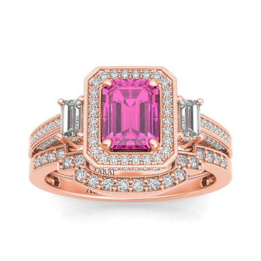 A 14kt rose gold ring features a large rectangular pink gemstone at its center, with two smaller emerald-cut diamonds on either side, and a band encrusted with small diamonds. This exquisite piece is perfect for a Tiffany 14kt gold bridal set.