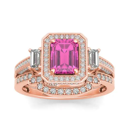 A 14kt rose gold ring features a large rectangular pink gemstone at its center, with two smaller emerald-cut diamonds on either side, and a band encrusted with small diamonds. This exquisite piece is perfect for a Tiffany 14kt gold bridal set.