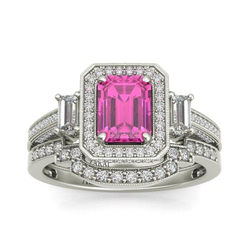 A luxurious ring featuring a central pink gemstone surrounded by diamonds set in a detailed Tiffany 9kt gold bridal set.