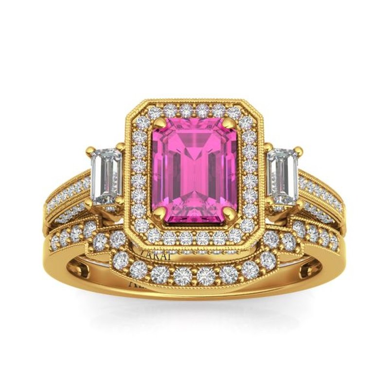 Tiffany 9kt gold bridal set featuring a central pink rectangular gemstone encased in diamonds, flanked by two smaller rectangular clear gemstones, with additional smaller diamonds on the band.